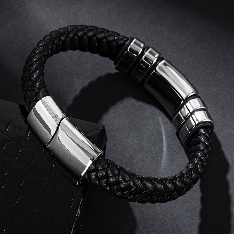 Gelang Bahan Kulit Dengan Buckle Magnetik Warna Hitam Glossy Gaya Klasik Untuk Pria