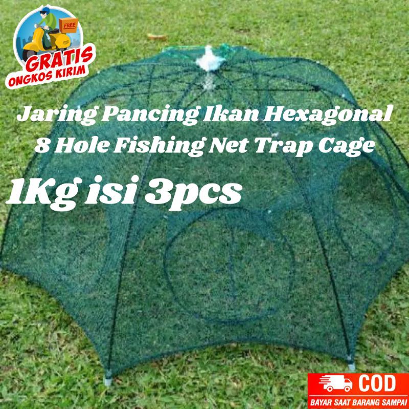 Jaring Pancing Ikan Hexagonal 8 Hole Fishing Net Trap Cage