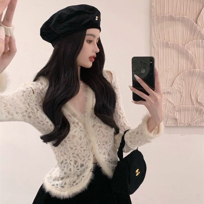 atasan renda import lace shirt women s winter warna solid lengan panjang pure want sexy furry hollow