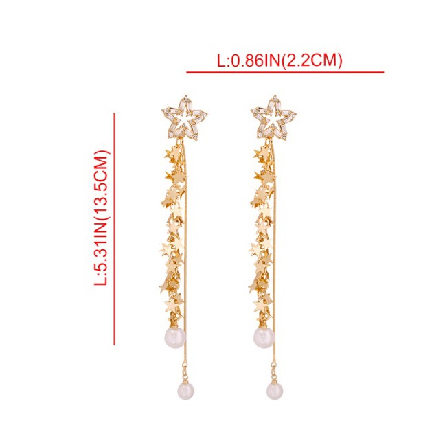 LRC Anting Tusuk Fashion Gold Alloy Pearl Pentagram Tassel Stud Earrings F72650
