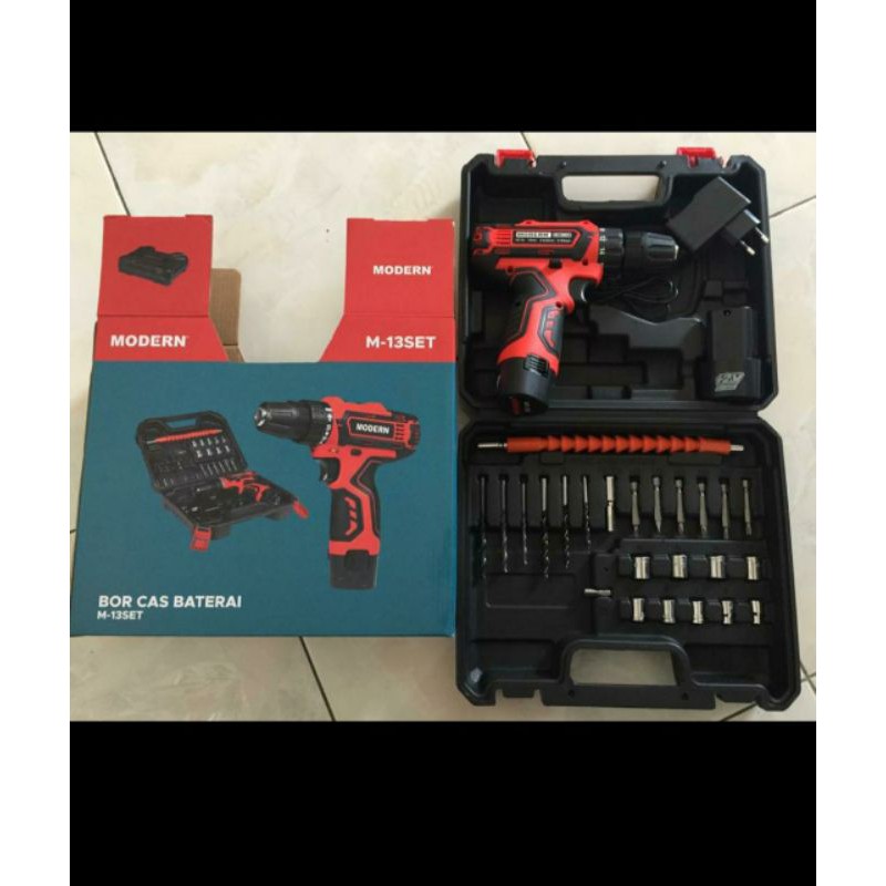 MESIN BOR CAS BATERAI CHARGER BATRE CORDLESS MODERN M 13 SET