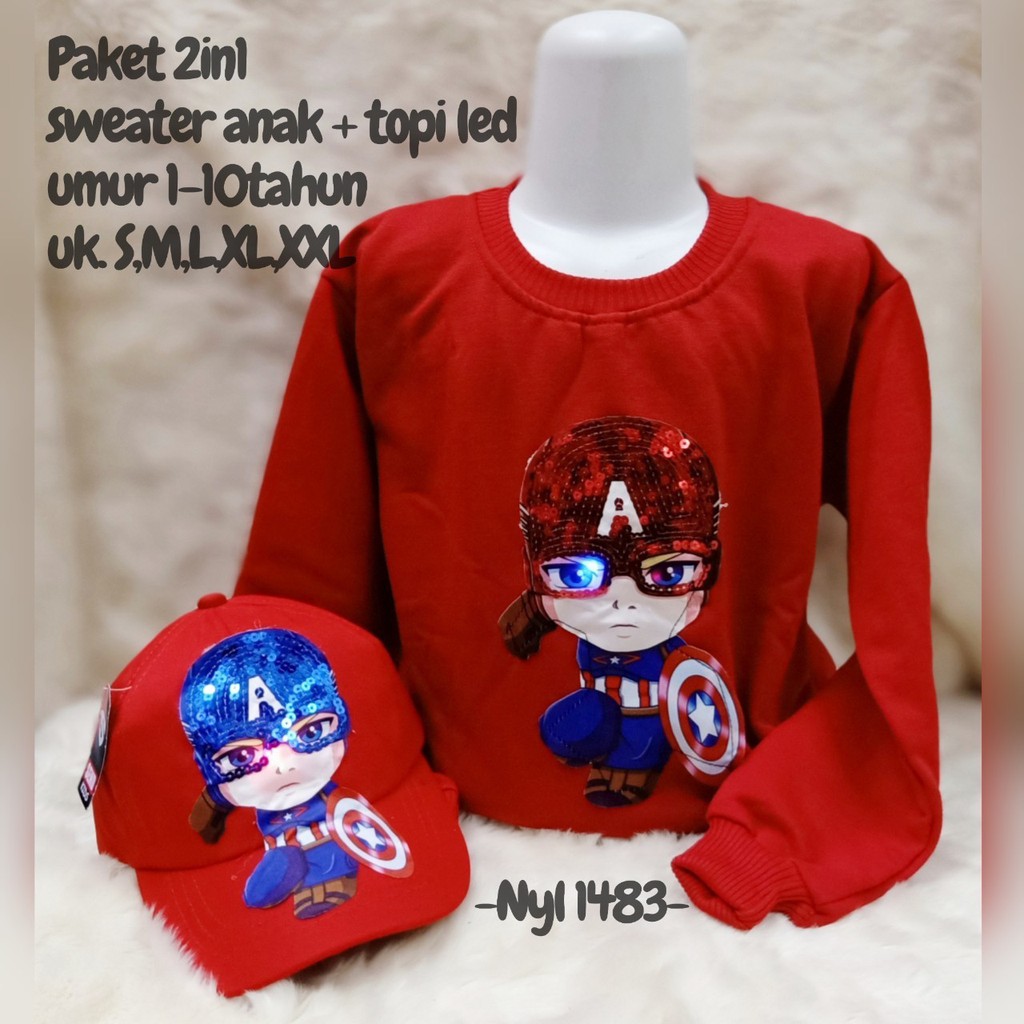 baju anak switer led gratis topi led capten amerika