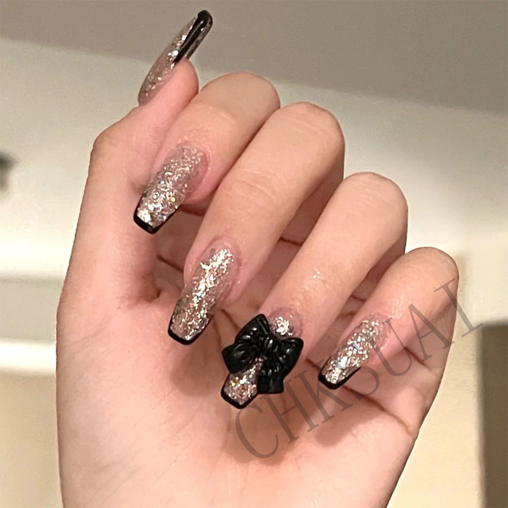 24 Pcs Kuku Palsu Panjang Desain Hati Mutiara Gradien Bahan Akrilik Gaya Perancis Untuk Nail Art