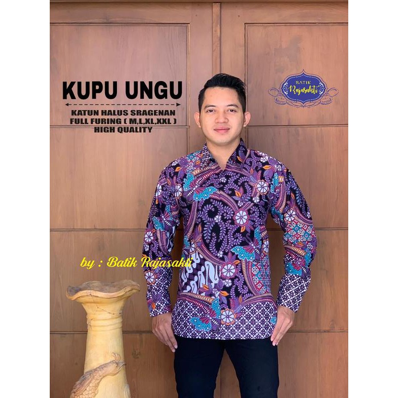 KEMEJA BATIK SOLO HEM PRIA LENGAN PANJANG KUPU UNGU
