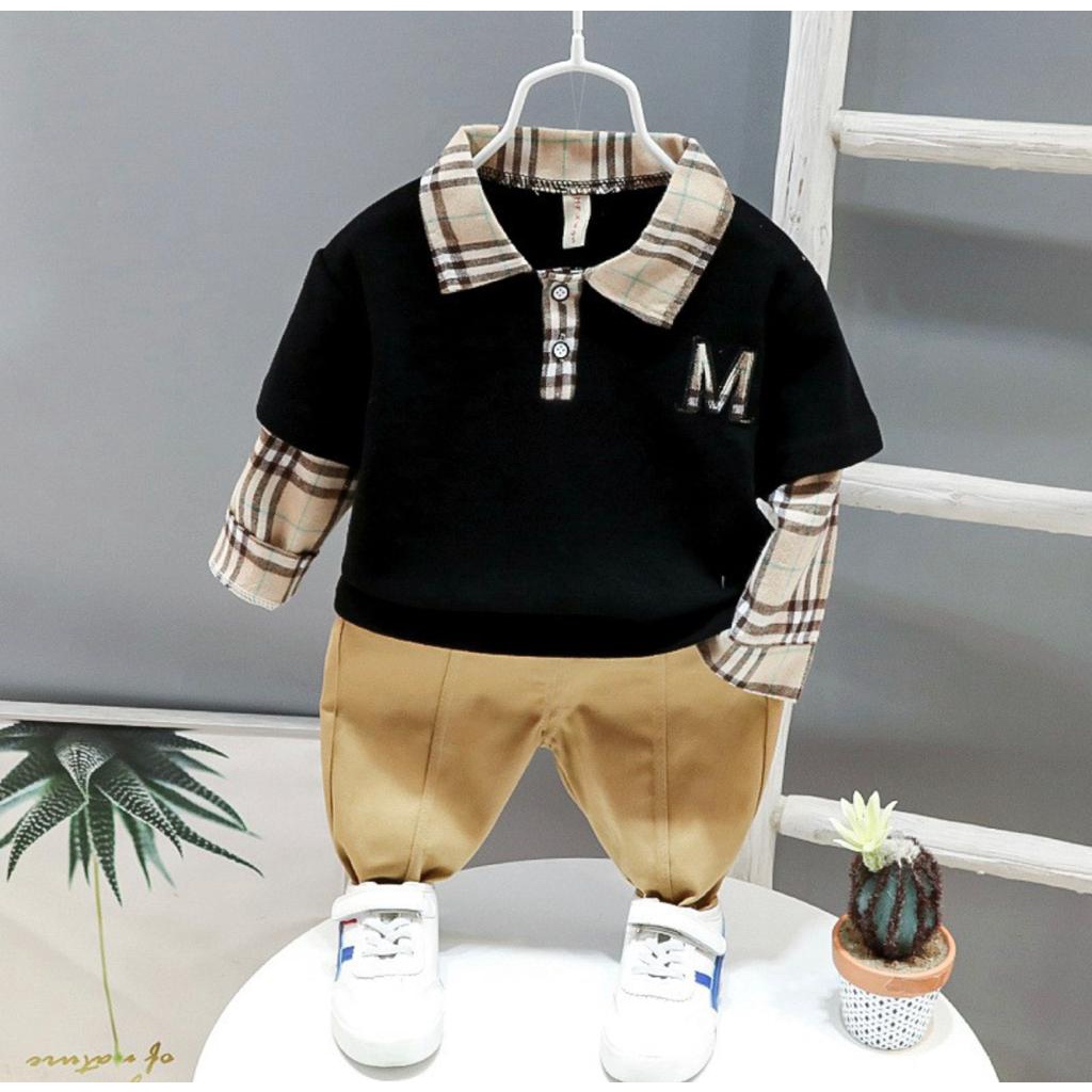 setelan baju polo kemeja kasual bayi anak motif kenzie MM size 6 bulan-5 tahun bahan katun combad best quality terlaris terbaru/ setelan baju polo kemeja kasual bayi anak laki-laki/ setelan baju polo kemeja kasual bayi anak cowok/ kemeja bayi anak cowo