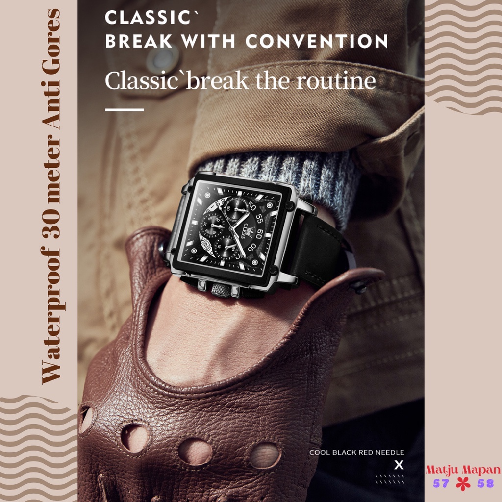OLEVS 9919 Jam Tangan Petak Pria Anti Air Kulit Led Luxury Chronograph Watch Men Multifungsi