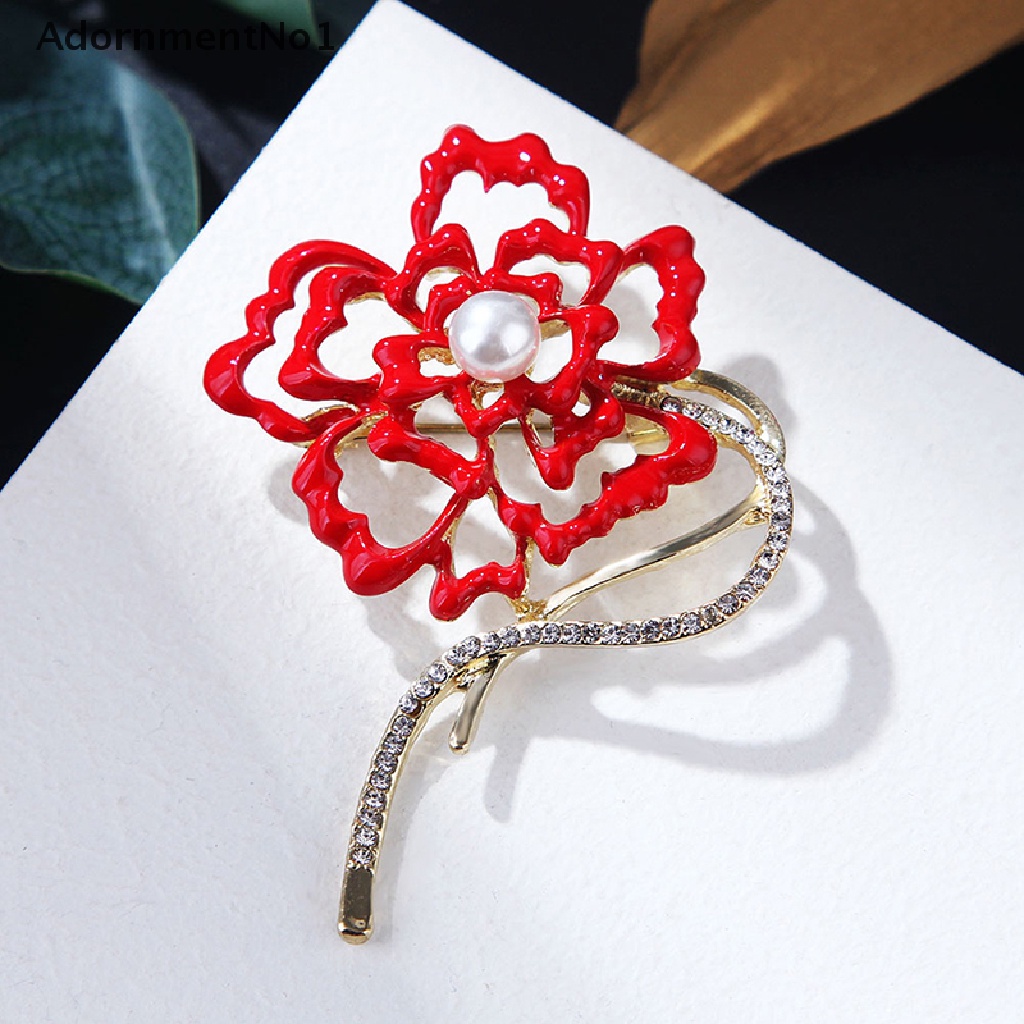 (AdornmentNo1) Bros Pin Desain Bunga Merah Hias Mutiara Aksesoris Wanita