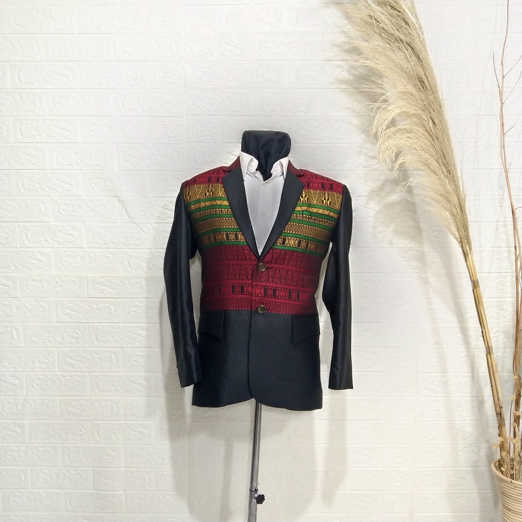 Jas Tenun Ulos Pucca Kombinasi untuk Pria warna Merah Kuning list Hijau