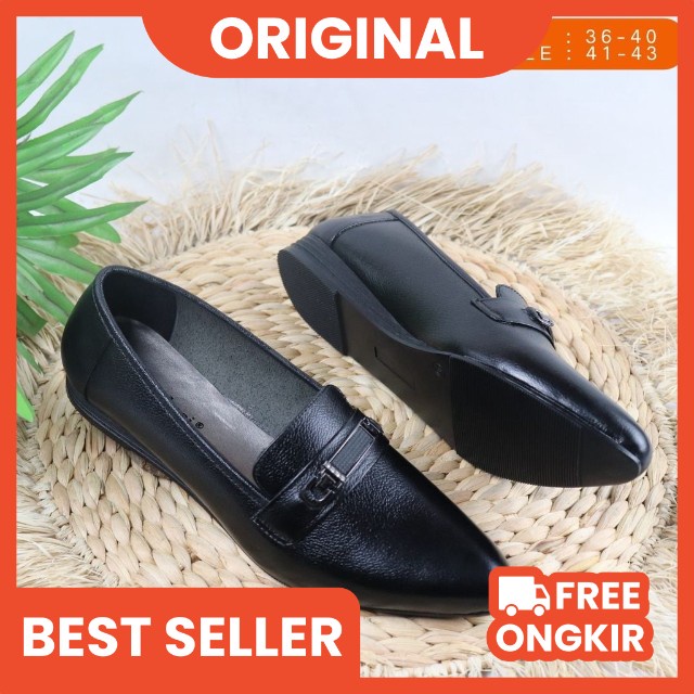 Sepatu Wanita Kerja Kantor Pantofel Flat Shoes Kulit Asli CPC 1306 Hitam