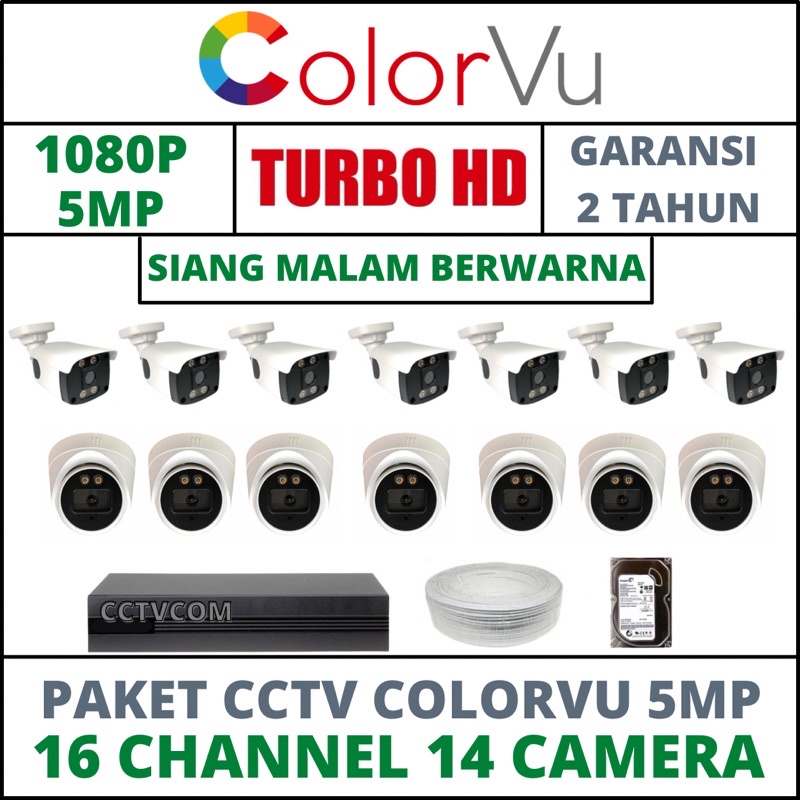 PAKET CCTV COLORVU - SIANG MALAM BERWARNA 16 CHANNEL 14 KAMERA 5MP IC SONY 1080P KOMPLIT