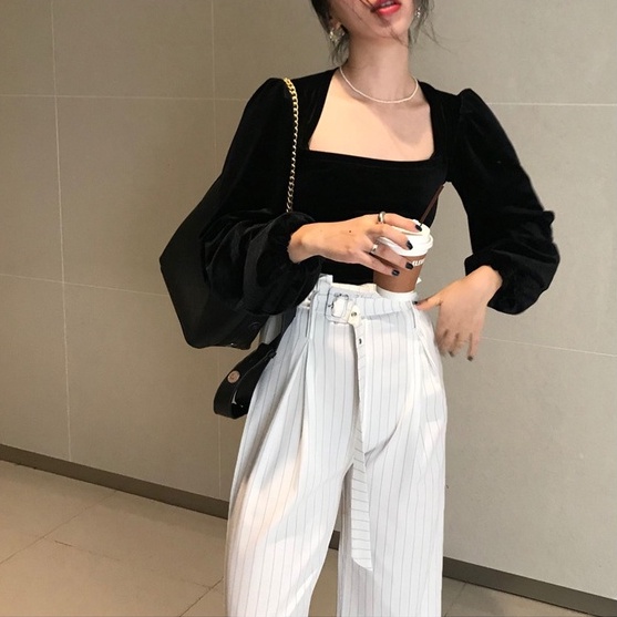 XIAOZHAINV Korean Style Casual Retro Kemeja Atasan Wanita Crop Top