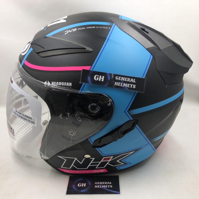HELM NHK R1 MOTIF NAPOLEON BLACK LIGHT BLUE DOFF DOUBLE VISOR HALF FACE BIRU DOP