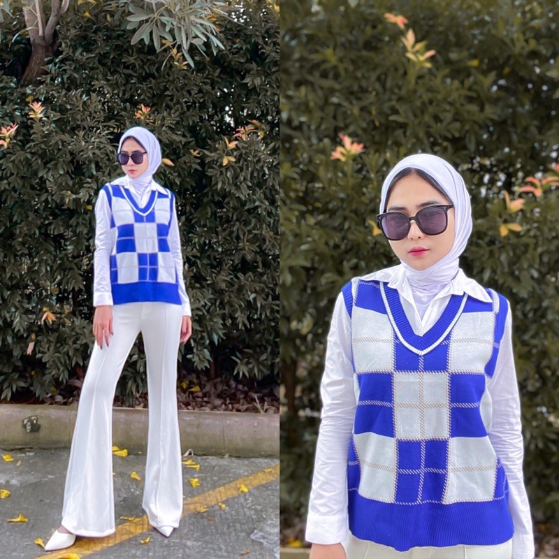 knit vest kotak-kotak + kemeja 2in1