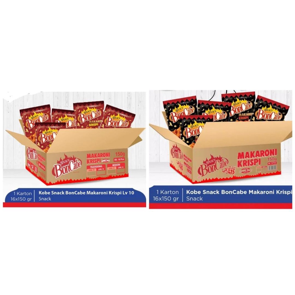 

Makaroni BonCabe level 15 dan level 10/1 Dus/karton isi 16 pcs Jumbo pack 150gr Krispi snack kobe