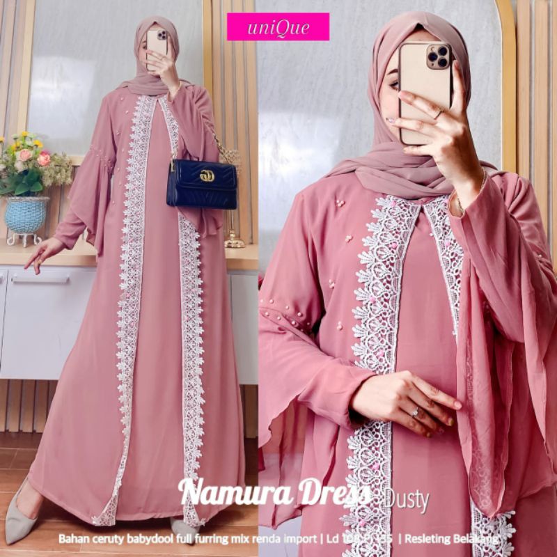 Gamis polos namura dress ceruty babydoll full furing mix renda import ld 108
