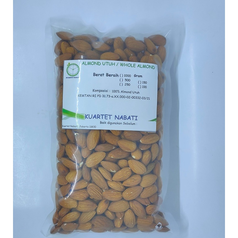 

1000gr Almond Premium Utuh Mentah - Whole Raw Almond - Size Besar 27-30 Kuartet Nabati