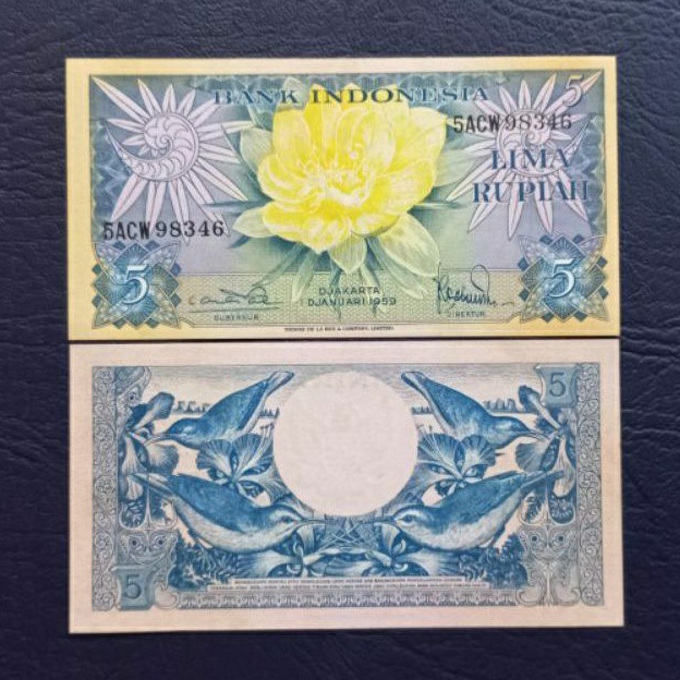 Uang kuno kertas 5 Rupiah bunga tahun 1959
