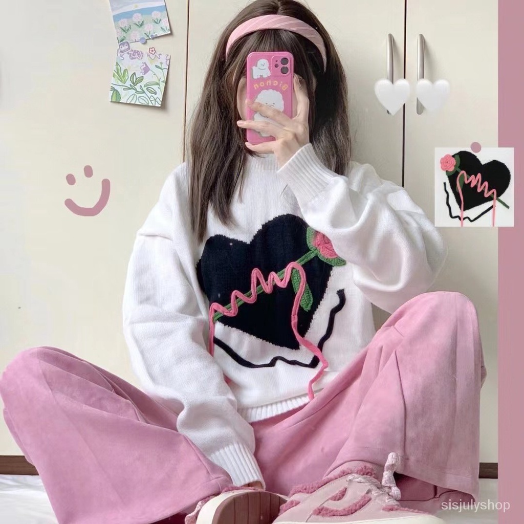 #Sisjuly# Sweater wanita baru musim gugur dan musim dingin siswa rajutan cinta pullover atasan longg