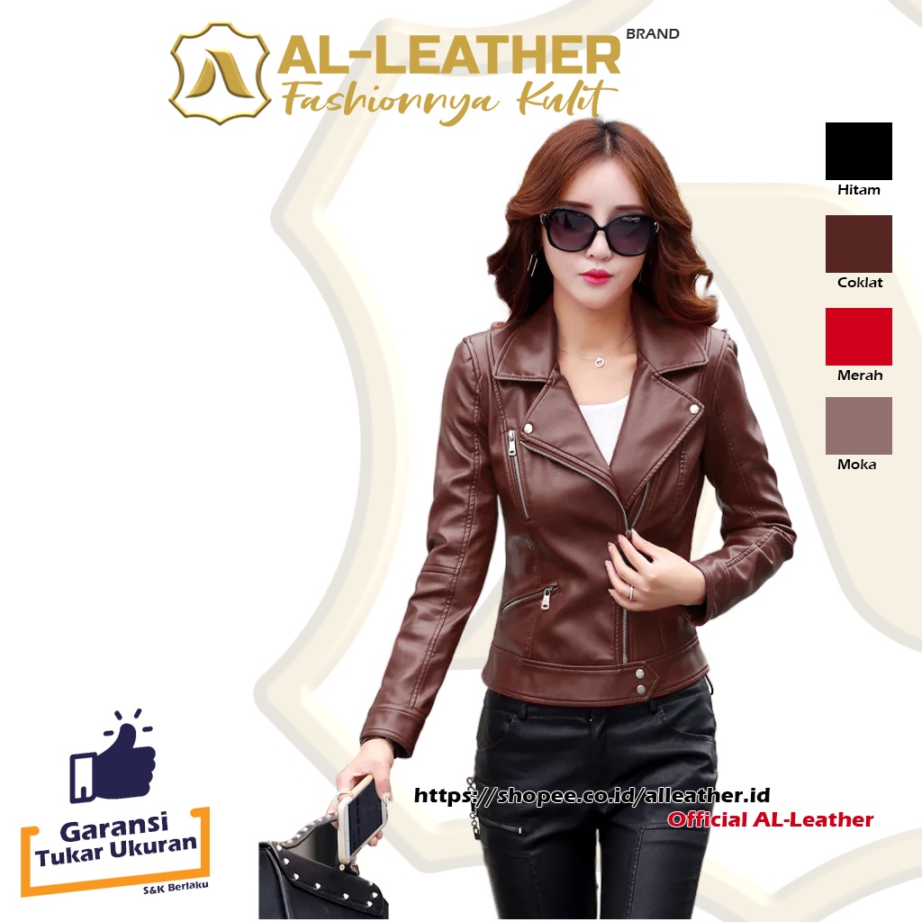 AL-Leather Premium Jaket Kulit Wanita Crop Jesica Elegant Hitam Coklat Moka Merah M L XL XXL 3XL-Coklat