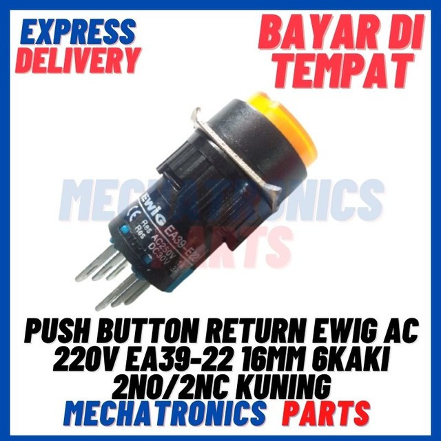 [SWI-9069] PUSH BUTTON RETURN EWIG AC 220V EA39-22 16MM 6KAKI 2NO/2NC KUNING