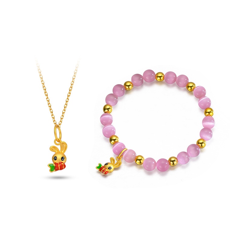 Set Kalung Gelang Emas Asli Kadar 375 Desain Mata Kucing Lobak Kelinci Warna Pink