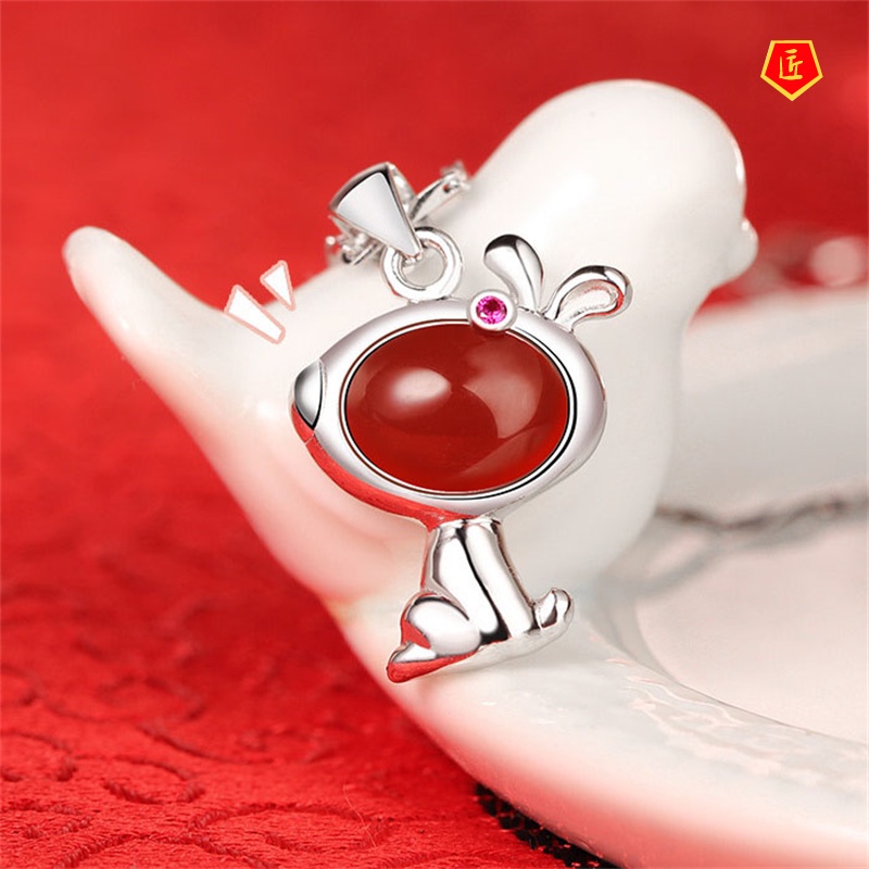 [Ready Stock]925 Silver Red Agate Necklace for Women Chinese Zodiac Dog Auspicious Cute