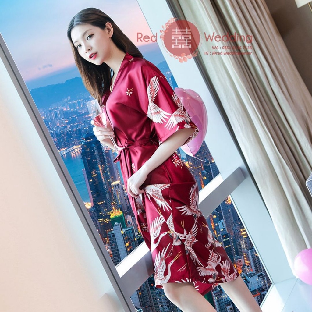 Gaun Kimono Pengatin Bride Bridesmaid Wedding Bahan Satin Motif Burung Bridal Morning Robe TANPA BORDIR