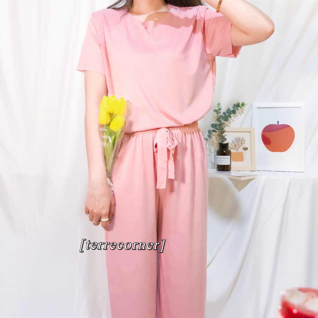 BAJU TIDUR WANITA PIYAMA WANITA PIYAMA PANJANG WANITA BAJU TIDUR PANJANG WANITA BAJU TIDUR PIYAMA PIYAMA LENGAN PENDEK BAJU TIDUR WANITA POLOS THARA LONG SET-Pink