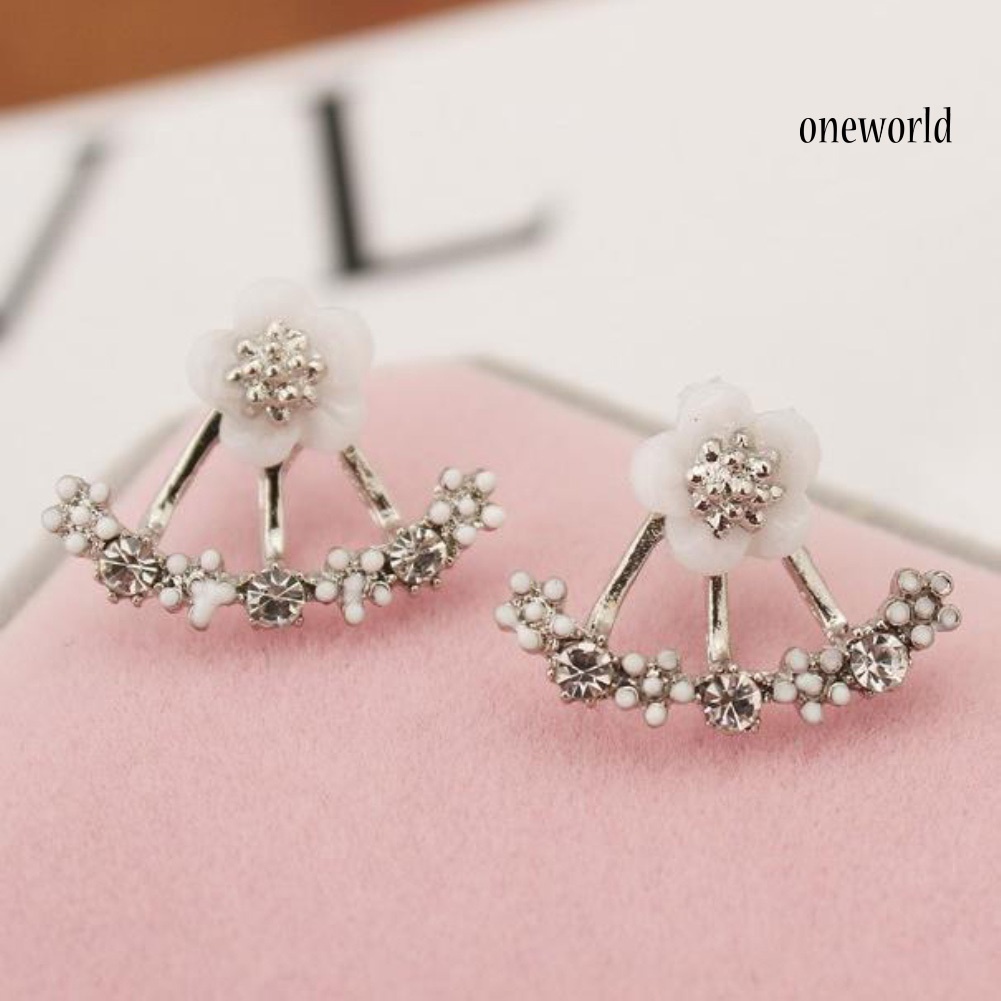 OW@ Women Cute Daisy Shape Rhinestone Inlaid Ear Jacket Earrings Party Jewelry Gift