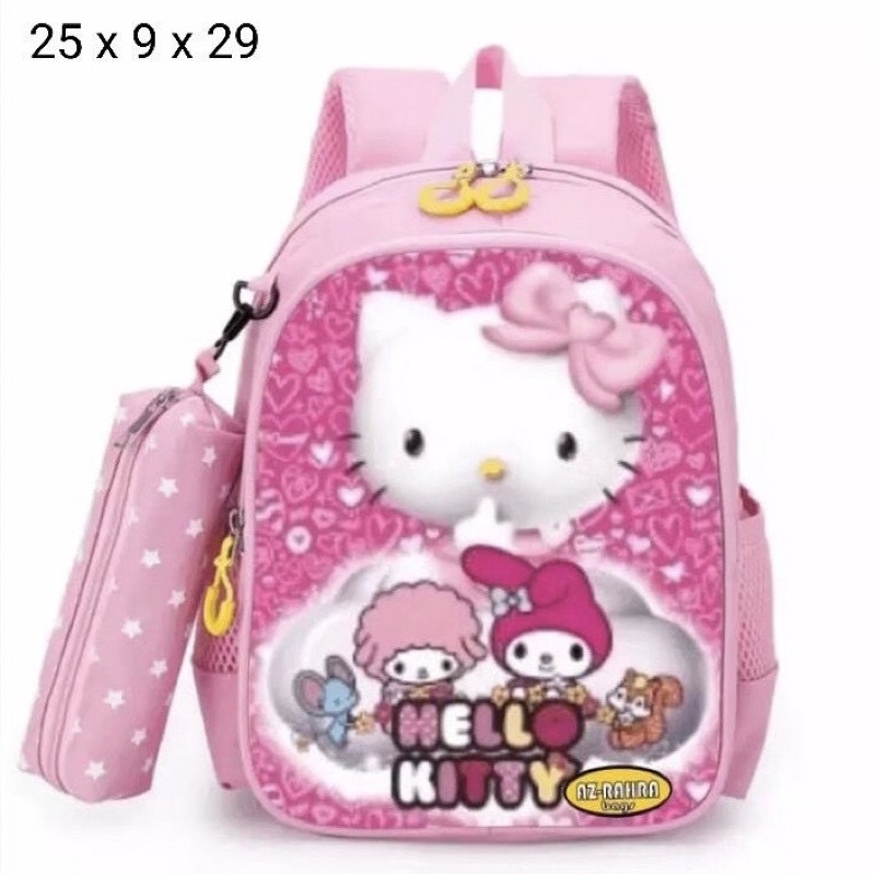 TAS PUNGGUNG RANSEL BACKPACK ANAK HELLO KITTY BONUS TEMPAT PENSIL PINK UNGU BIRU TK PAUD SD UKURAN KECIL