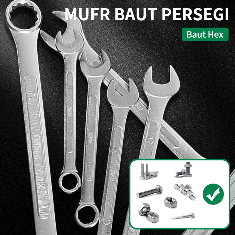 ISKU Kunci Ring Pas Set Kunci Kombinasi Spanner 8-24mm 11Pcs Chrome Vanadium Mirror Polished Kunci Pas Alat Professional Kunci Ring Pas Bisa COD