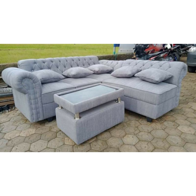 SET Sofa L Sudut Jaguar Bludru / Sofa Sudut L Jaguar + Meja Kaca