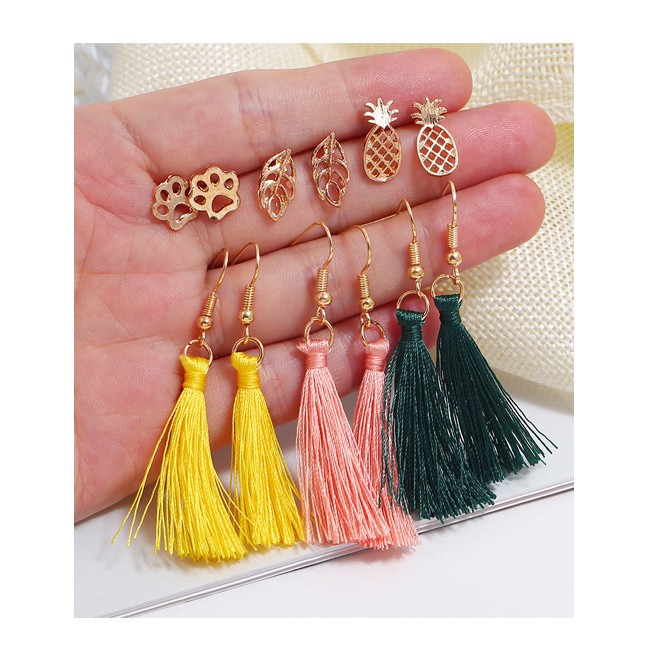 LRC Anting Set Fashion Gold Alloy Leaf Pineapple Cotton Line Tassel Earrings Stud Earrings Set F9179