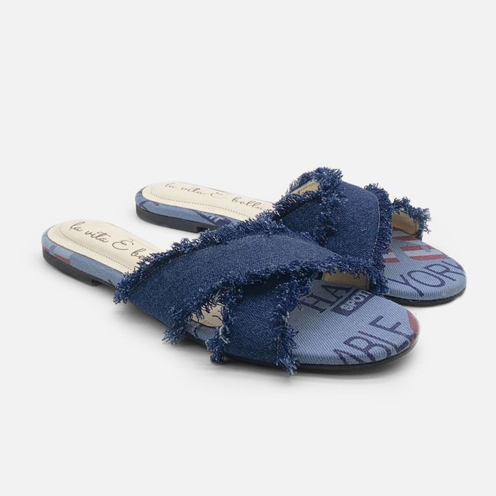 La Vita E Bella Azure Sandal Slip Teplek Wanita Model Cross Tassel Rumbai - [LP507]