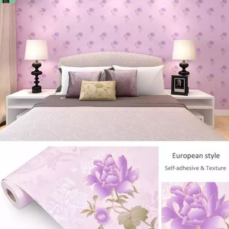 ( BELI 4 GRATIS 2 )Terlaris Wallpaper Sticker Wallpaper Dinding Ruang Tamu Motif Polos | Putih Salur Bunga | Cream | Abu Ungu Kuning Hijau Coklat Merah Pink Biru Batik Bunga Kembang Batu Bata 3D Kotak Segitiga Minimalis Garis Emas Tua Muda Murah-Batik Bunga Ungu