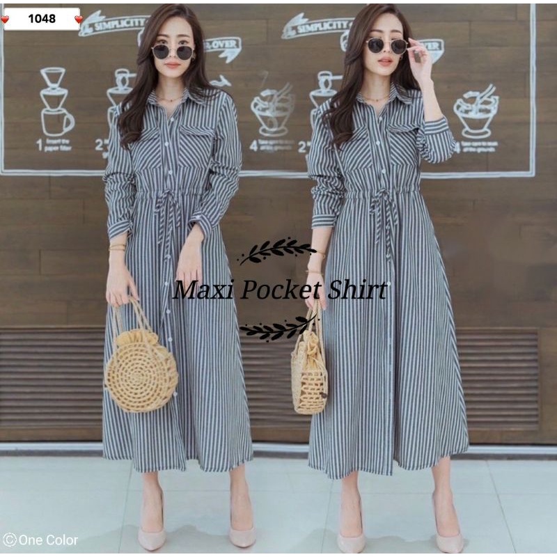 DRESS KOREA MAXI POCKET SHIRT DRESS MODEL KERAH 16 1048