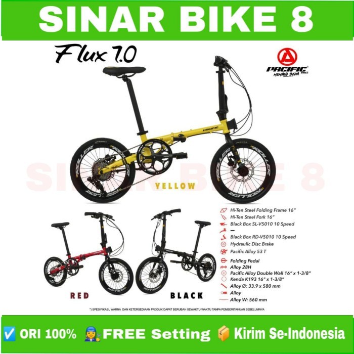 Sepeda Lipat Ukuran 16 Inch Pasific flux 7.0 Rem Hidrolik 10 Speed