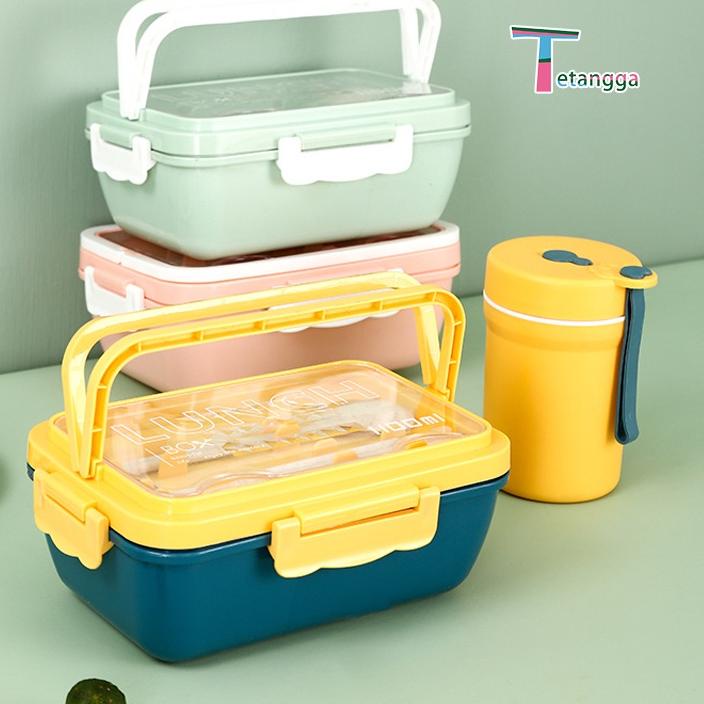 GROSIR  Lunch Box Set Kotak Bekal Makan Siang Bahan Jerami Pegangan Melengkung + Sendok Dan Sumpit m