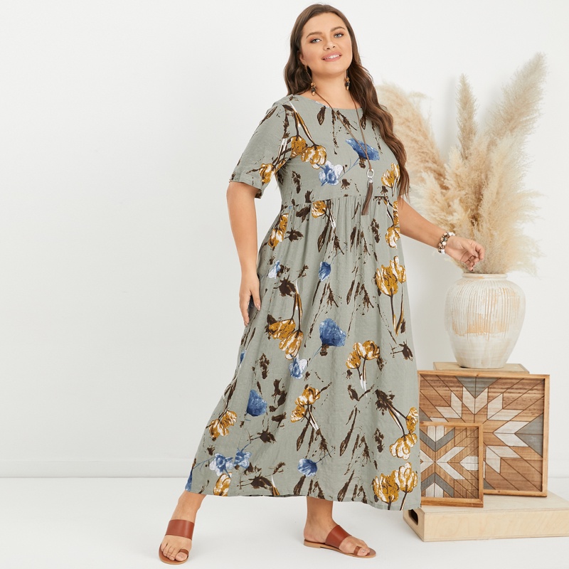 ZANZEA Women Round Neck Short Sleeve Dress Casual Floral Print Summer Plus Size Dresses
