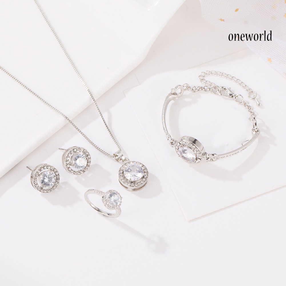 OW@ Wedding Bridal Jewelry Set Round Cubic Zirconia Necklace Bracelet Ring Earrings