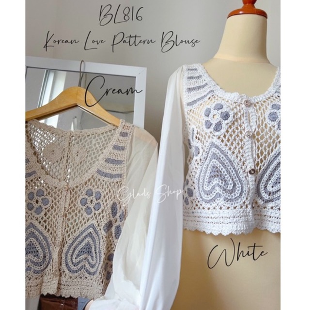 BL816 • Korean Love Pattern Blouse • Crochet Knit Crop Top • Puff Long Sleeve