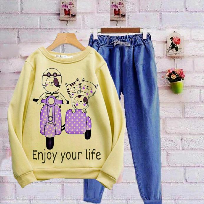 BAJU SETELAN SWEATER KAOS WANITA LUCU KARAKTER ANAK REMAJA PEREMPUAN - KUNING
