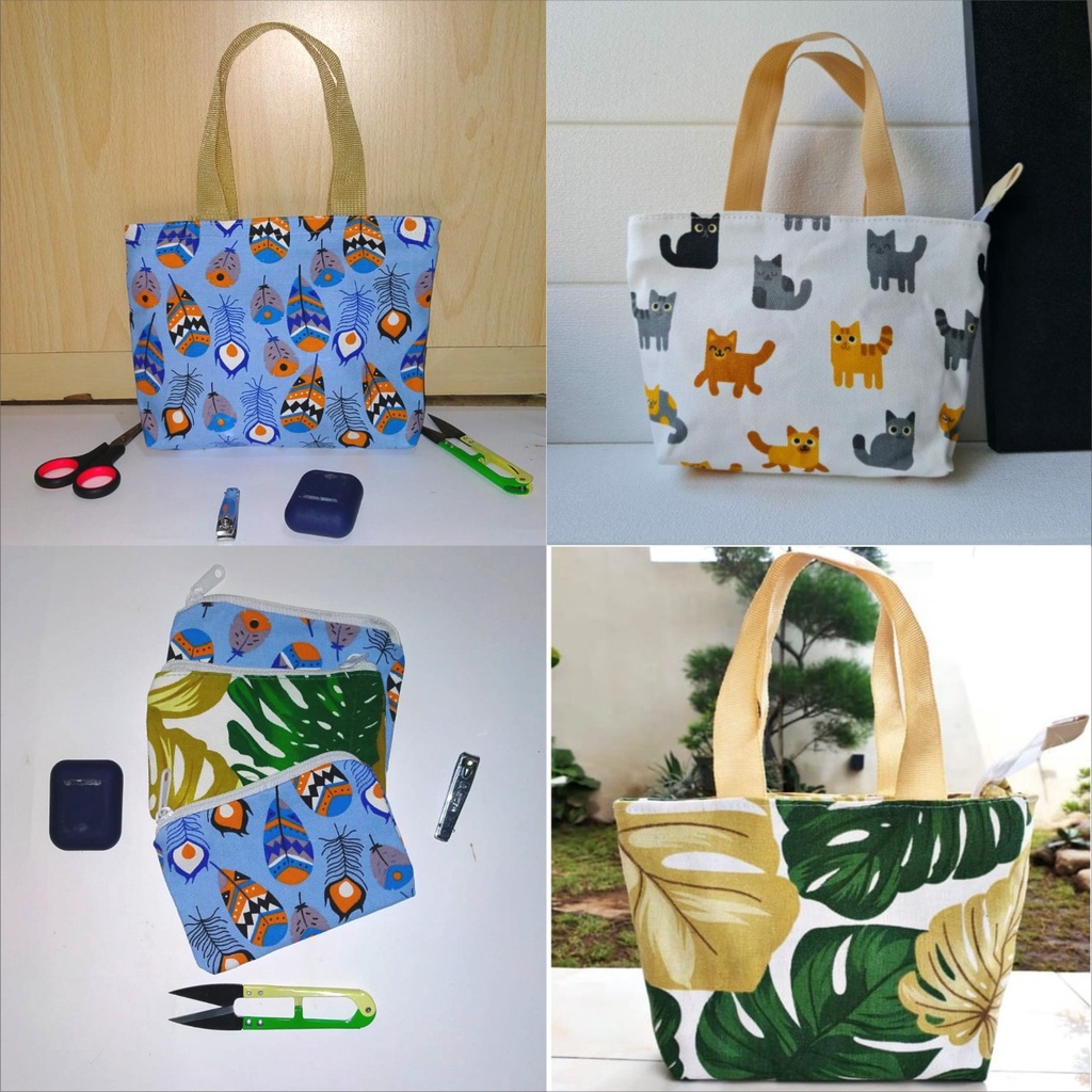 Pouch Kanvas Motif Twill Tempat Kosmetik Wadah Souvenir Dompet Koin Tas Totebag Mini