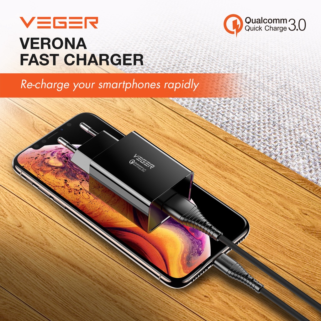 Travel Wall Charger Veger Verona 1 Port USB Output QC 3.0 Quick Charge Fast Charging