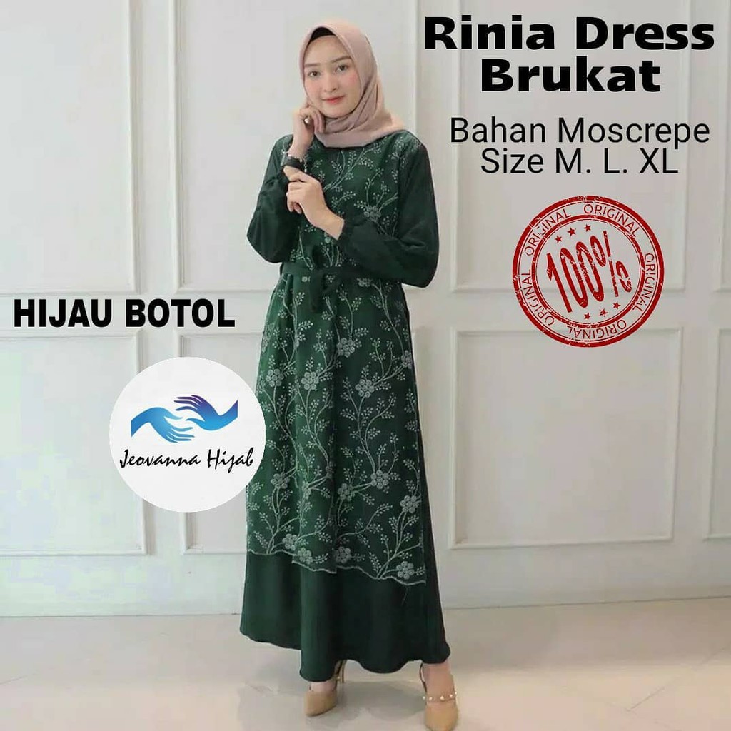 RINIA Pakaian Wanita Baju Gamis Terbaru Ukuran Jumbo Bahan Moscrepe-HIJAU BOTOL