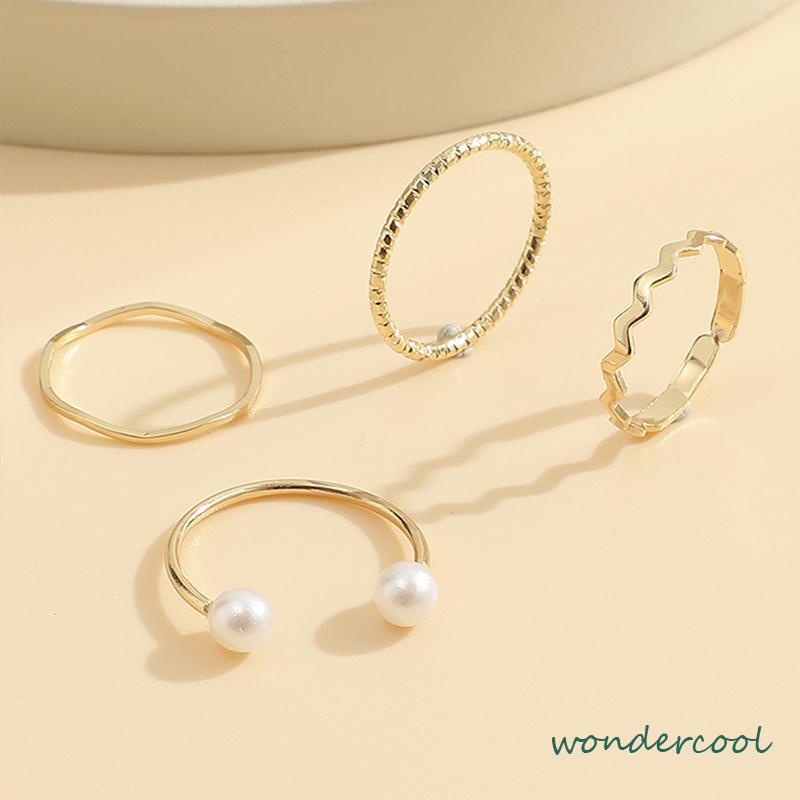 4 Pcs/set Korea Cincin Emas Untuk Wanita Sederhana Mutiara Elegan Cincin Set Dapat Disesuaikan Terbuka Perhiasan Hadiah-Won