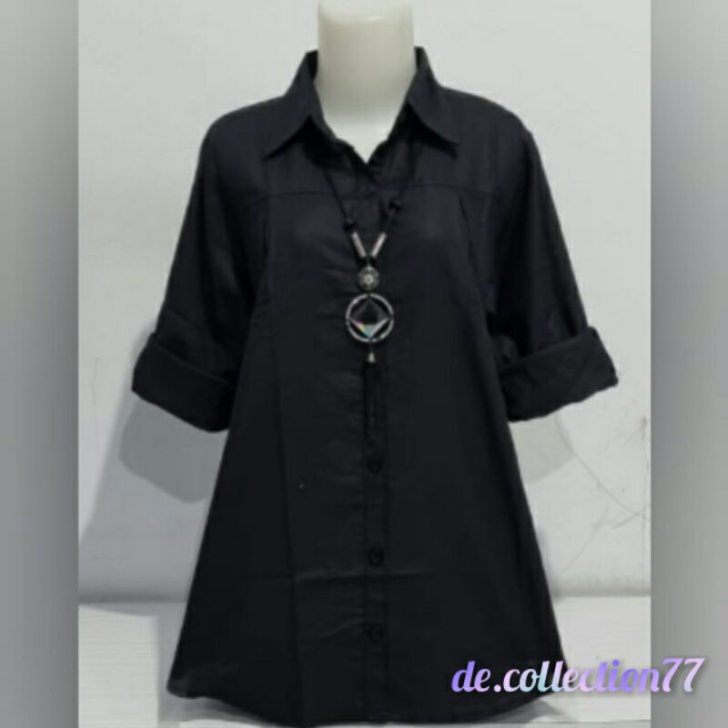 Kemeja Wanita Polos / Atasan Rami /Pakaian Wanita Lengan Panjang A.045A-Hitam