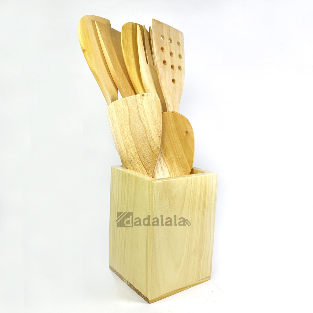 DADALALA Peralatan Dapur Set Isi 7 + Boks Kayu Pinus [FREE] Sendok Garpu T