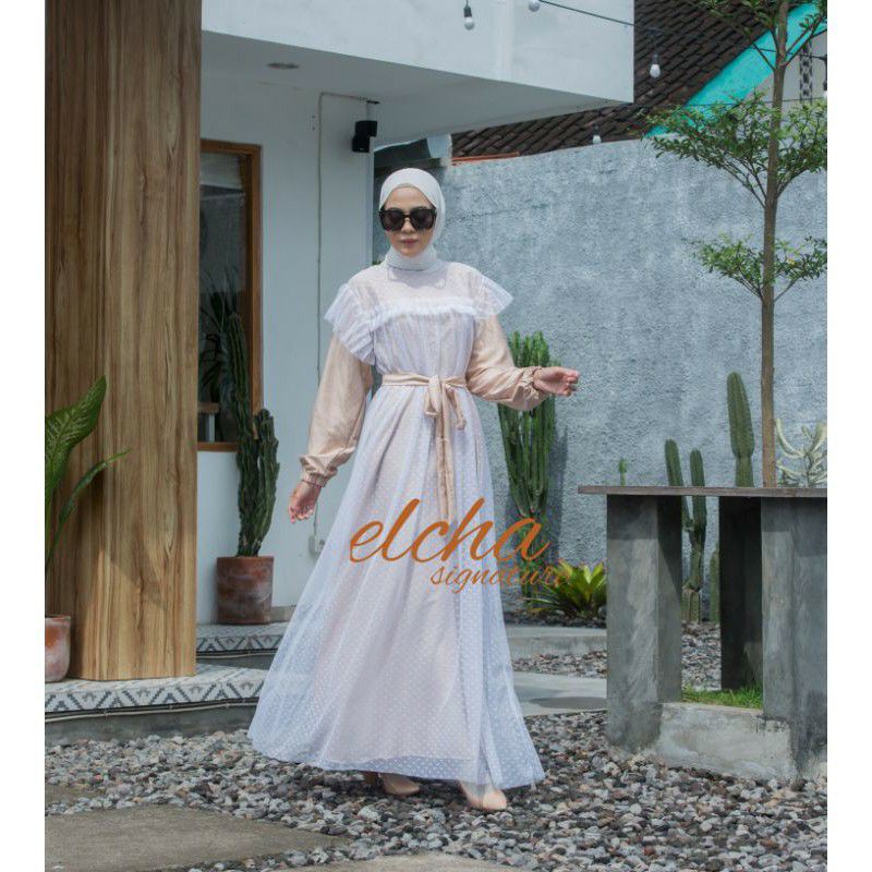 HAWANESS CLASSIC SHABBY DRESS BROKAT TULE DOTY LACE VINTAGE DRES WANITA KEKINIAN GROSIR HIJAB SOLO