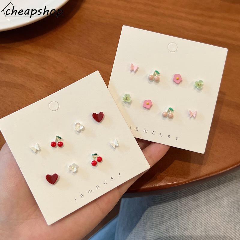 IFYOU 4pcs / set Anting Stud Desain Cherry Heart Butterfly Gaya Vintage Untuk Wanita